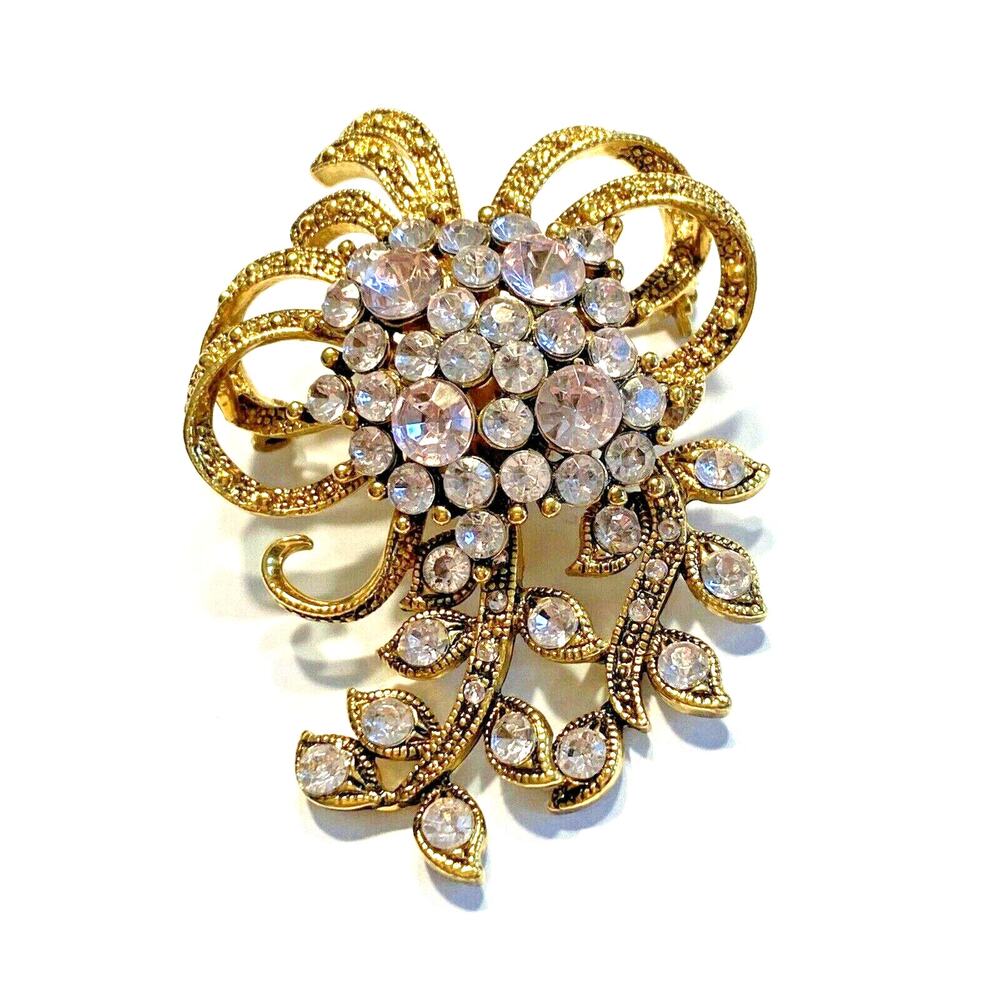 Vintage gold brooch lavendar pink purple rhinestones textured dimensional pin